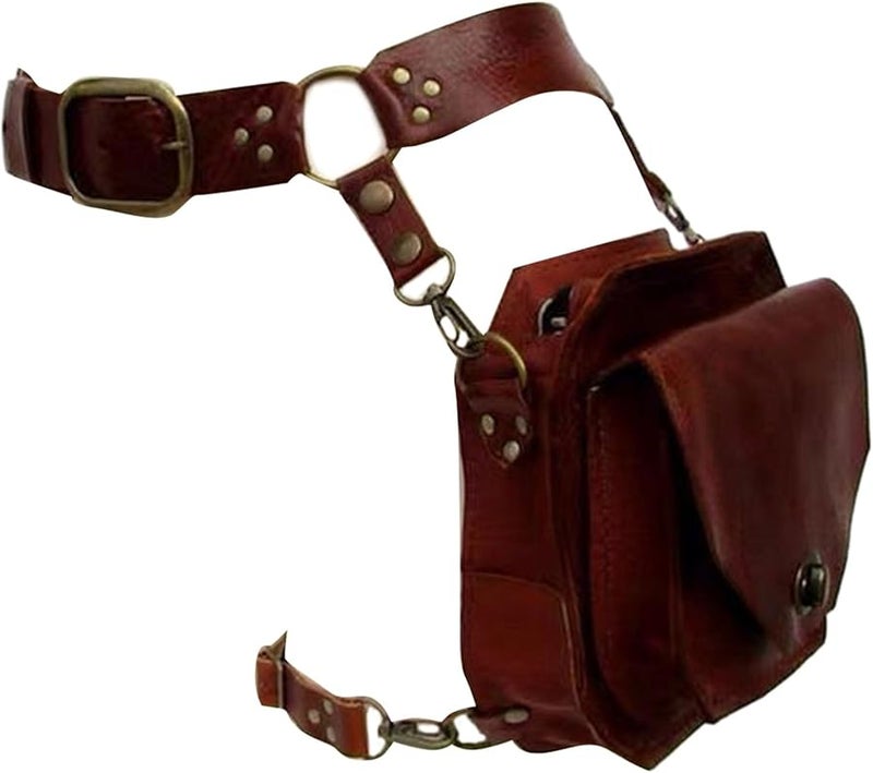 Brown Steampunk Waist Pack Thigh Bag Leather Motorcycle Belt Leg Halloween Costume Accessories - Image 1